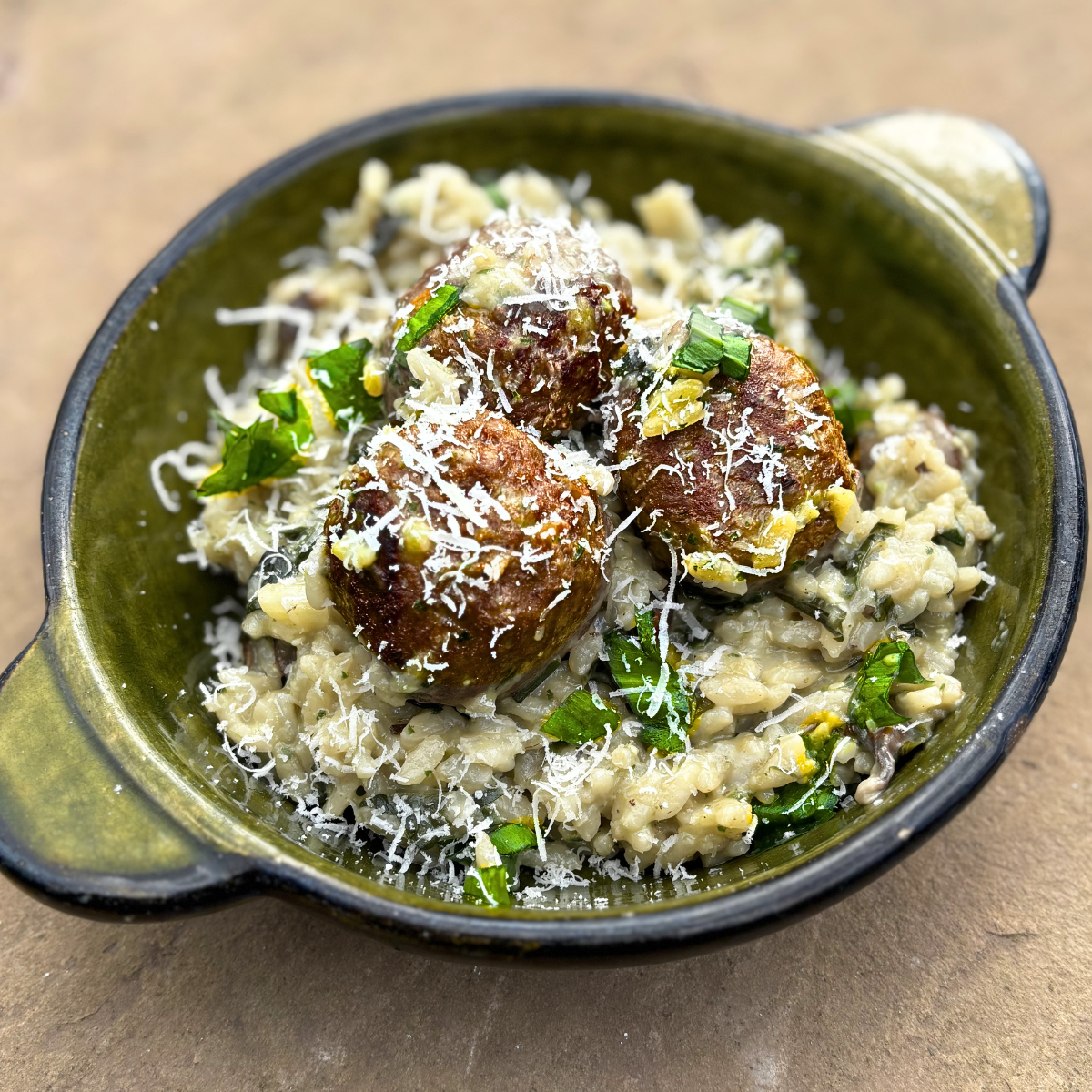 Wild Garlic & Mushroom Risotto with Venison Meatballs