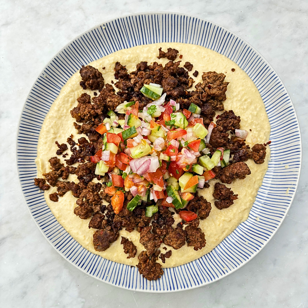High-Protein Harissa Venison Flatbreads with Creamy Hummus & Herby Salad